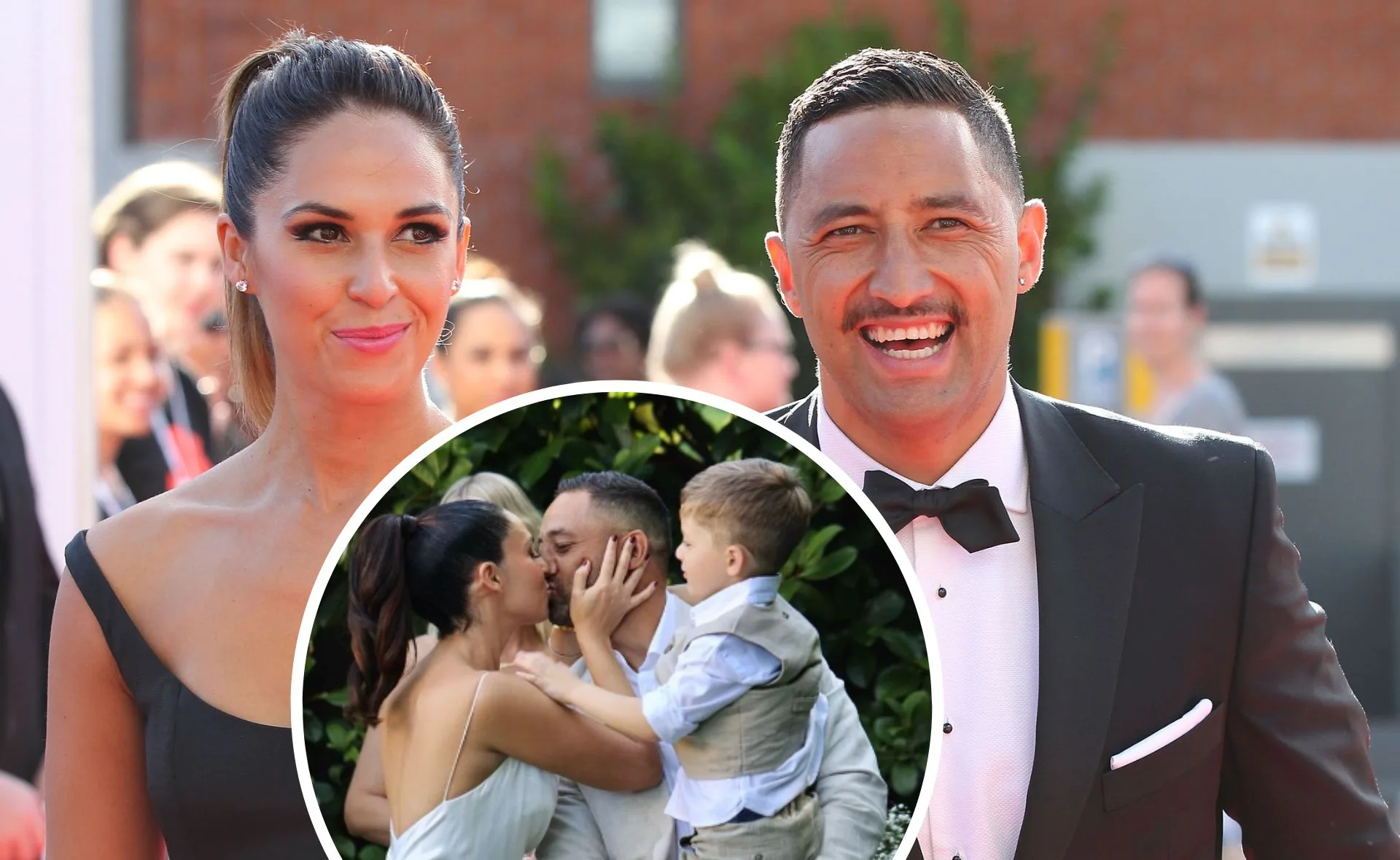 A couple in formal attire smiling on the red carpet; inset shows family moment with child.