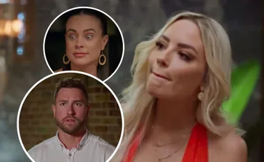 A woman looks serious, while two inset images show a surprised woman and a concerned man, from a reality TV dinner party scene.