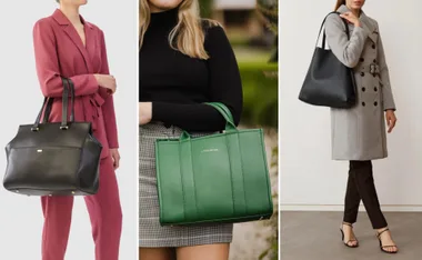 Three women showcasing black and green tote bags in stylish outfits: a pink suit, black top, and gray trench coat.