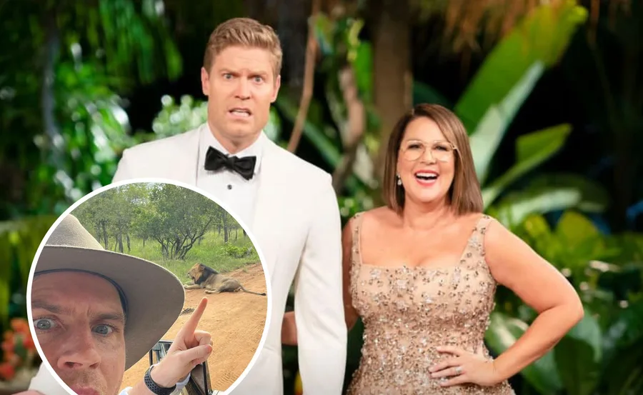 Two hosts in evening wear in a jungle setting; inset shows man pointing at a lion on safari.