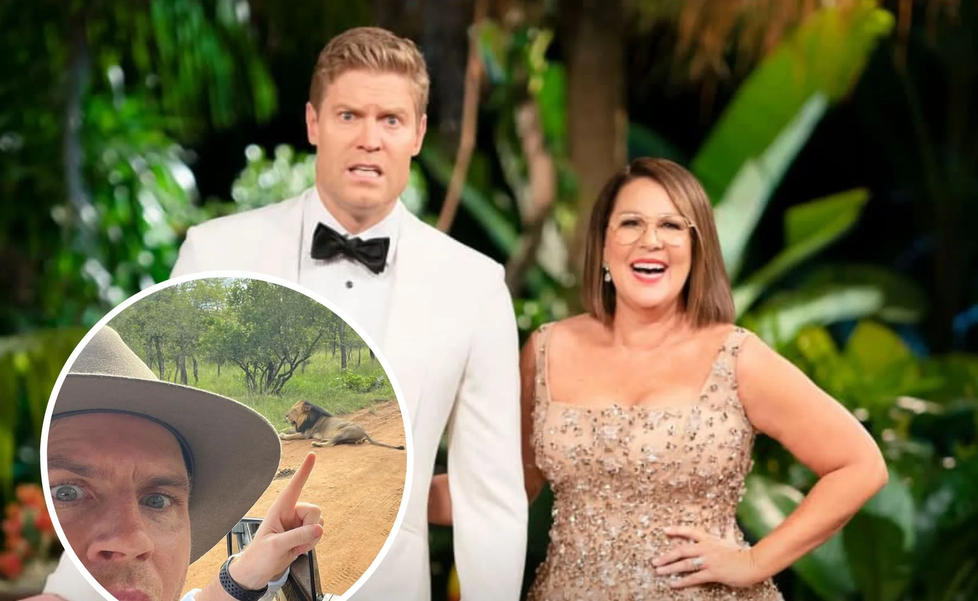Two hosts in evening wear in a jungle setting; inset shows man pointing at a lion on safari.