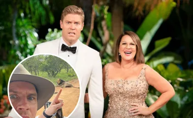 Two hosts in evening wear in a jungle setting; inset shows man pointing at a lion on safari.