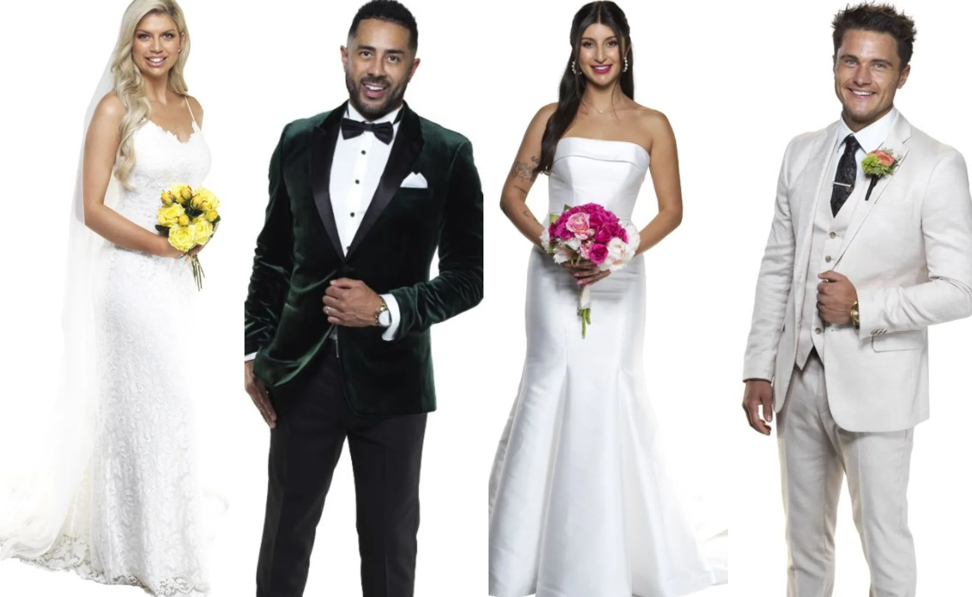 Four people dressed in wedding attire, two in white gowns holding bouquets, and two in suits with bow ties.