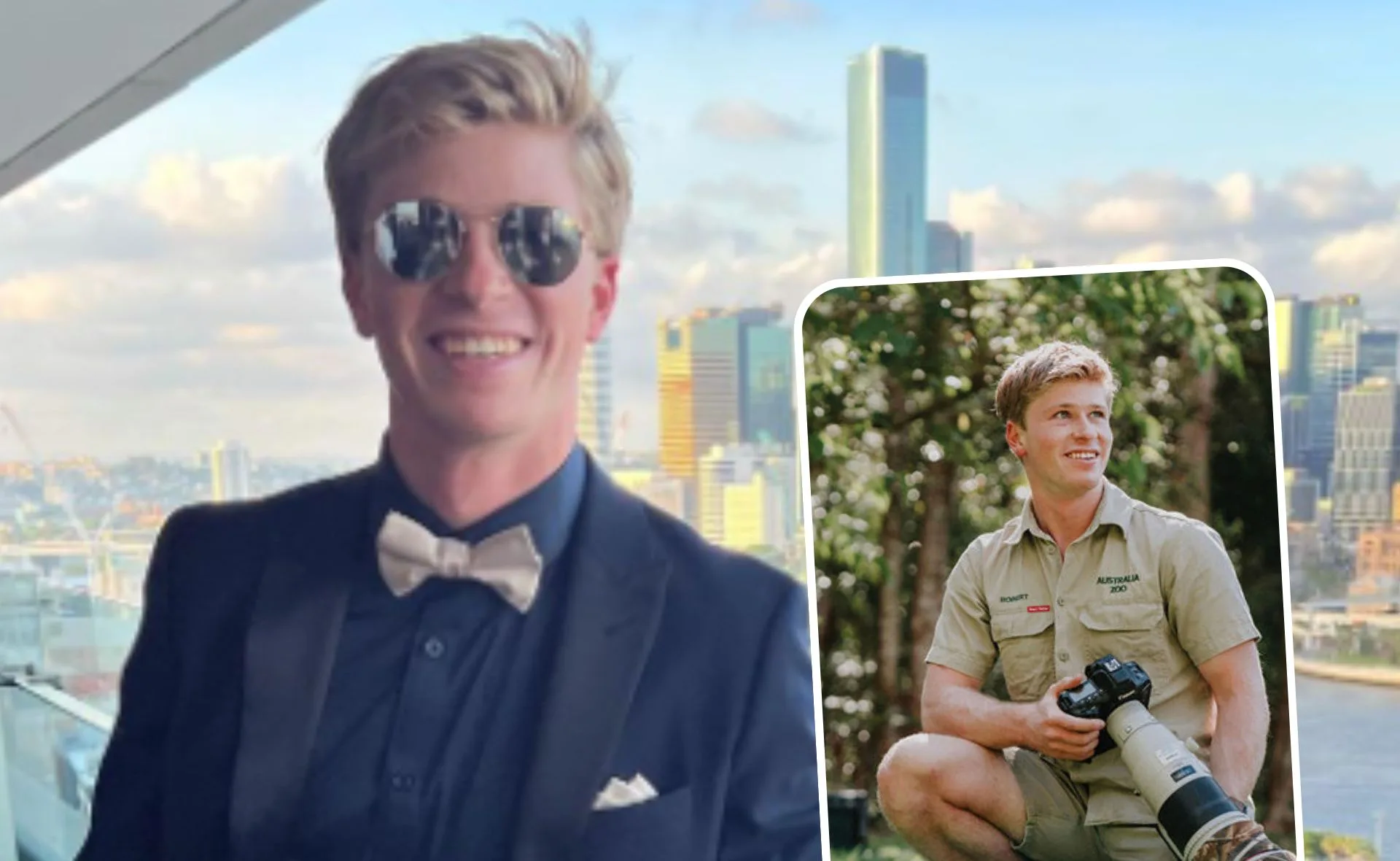 Robert Irwin smiling in a suit with city skyline; inset shows him in khaki outfit holding camera in a park.