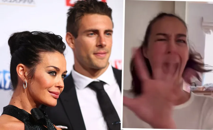 Two images: a couple posing elegantly at an event, and a woman making an expressive gesture indoors.