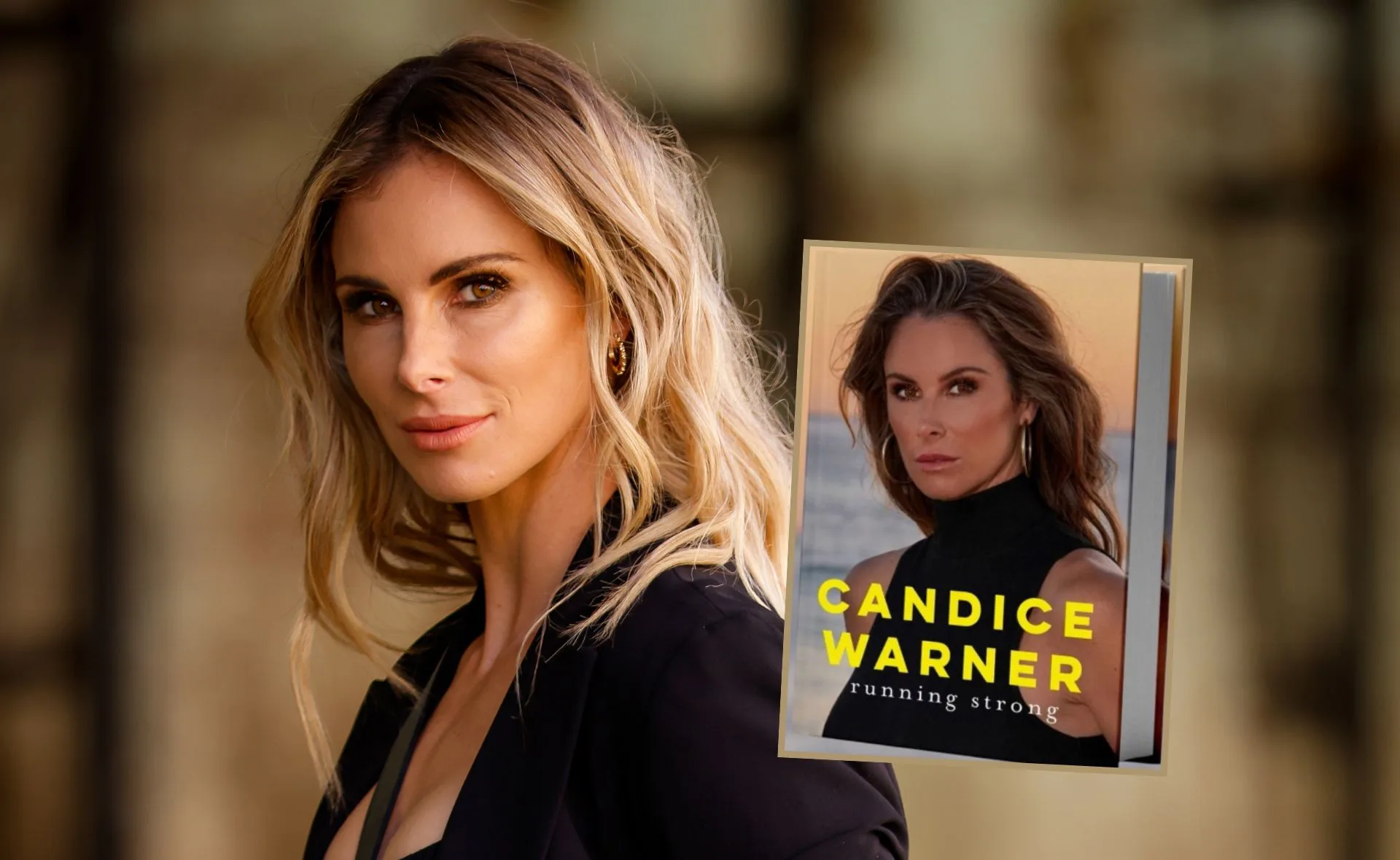 Blonde woman poses with a book titled "Candice Warner: Running Strong," featuring her photo on the cover.