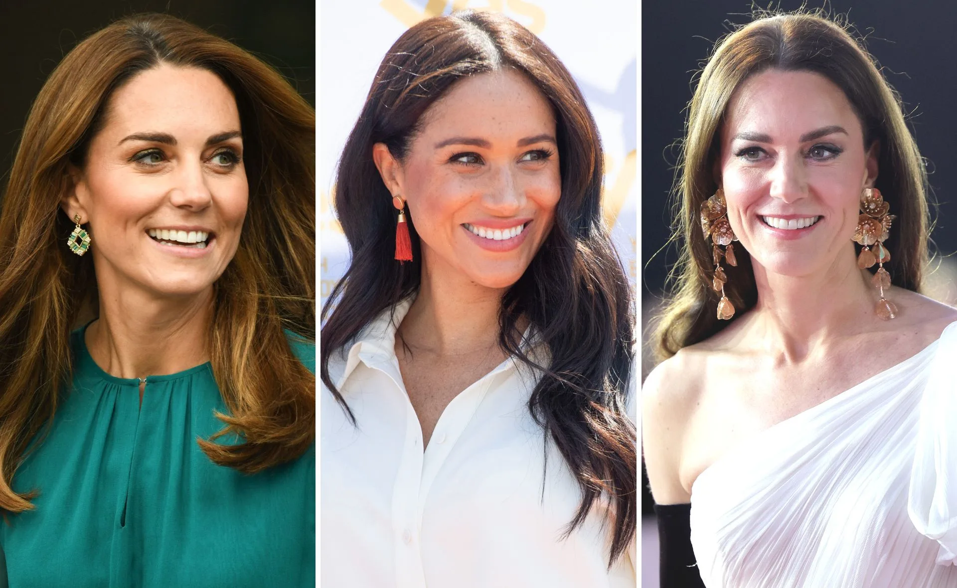 Three women smiling, showcasing fashionable earrings: emerald style, tassel design, and floral statement earrings.