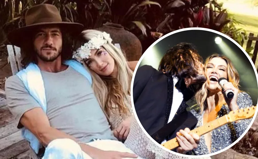 A couple sitting outdoors, man with a hat, woman with a flower crown; inset of couple performing on stage.