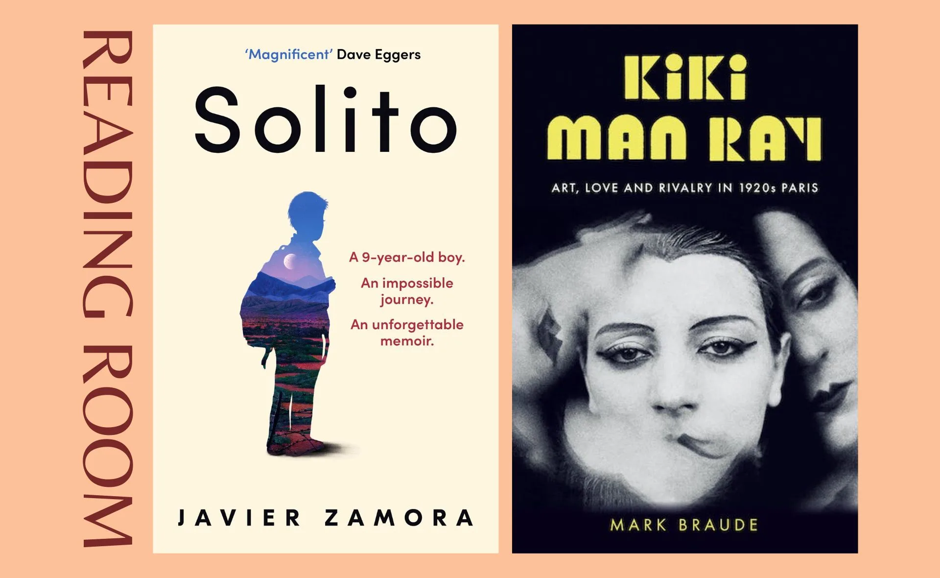 "Solito by Javier Zamora and Kiki Man Ray by Mark Braude book covers on a 'Reading Room' background."