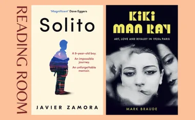"Solito by Javier Zamora and Kiki Man Ray by Mark Braude book covers on a 'Reading Room' background."