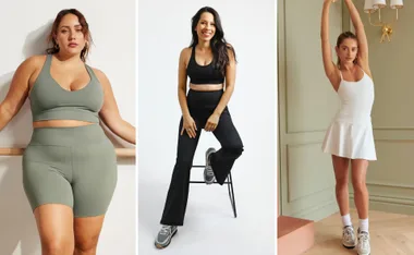 Women modeling various activewear sets, including green shorts set, black flared pants set, and white tennis dress.