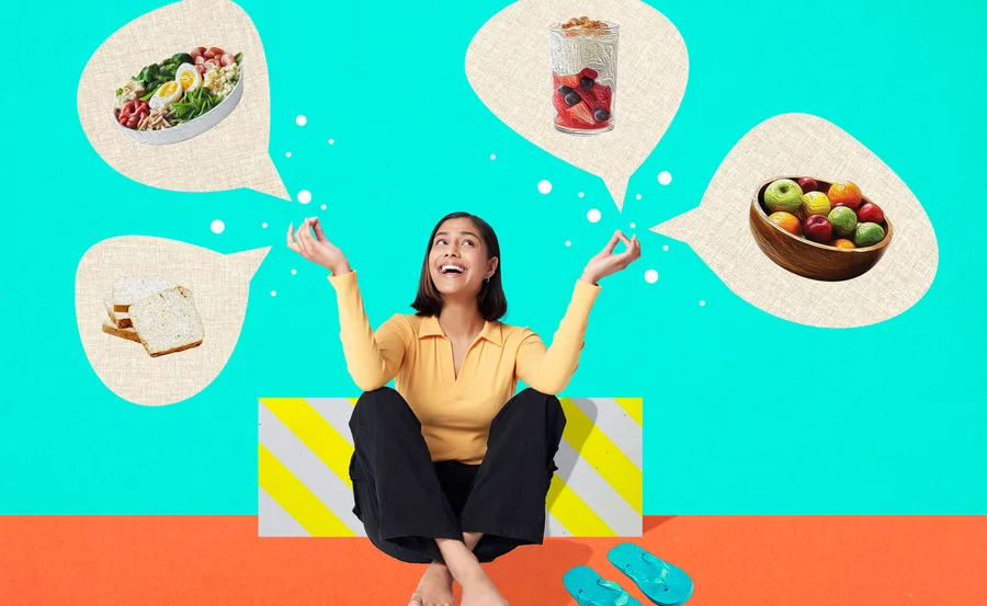 Woman sitting with thought bubbles showing healthy foods: salad, yogurt, fruit, and bread.