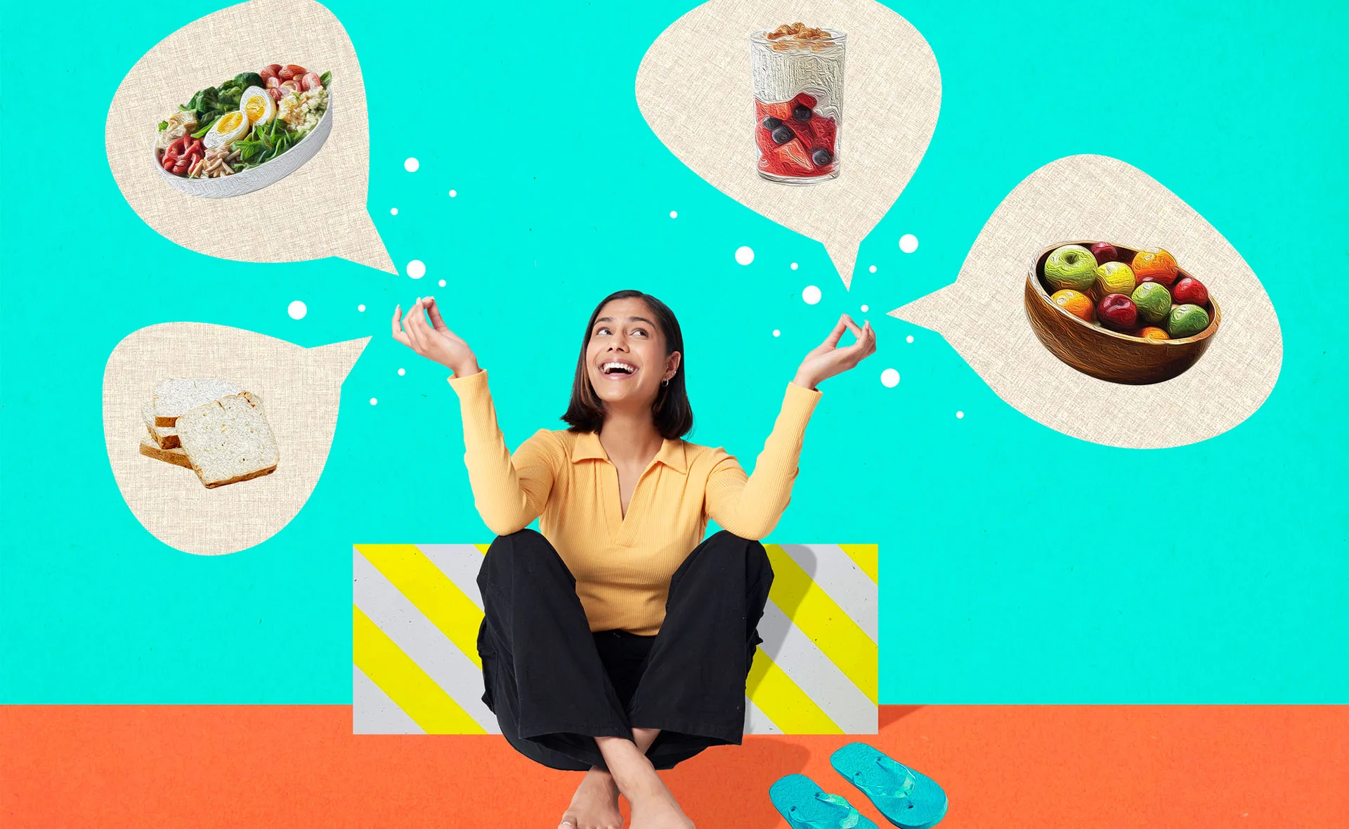 Woman sitting with thought bubbles showing healthy foods: salad, yogurt, fruit, and bread.