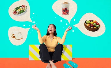 Woman sitting with thought bubbles showing healthy foods: salad, yogurt, fruit, and bread.