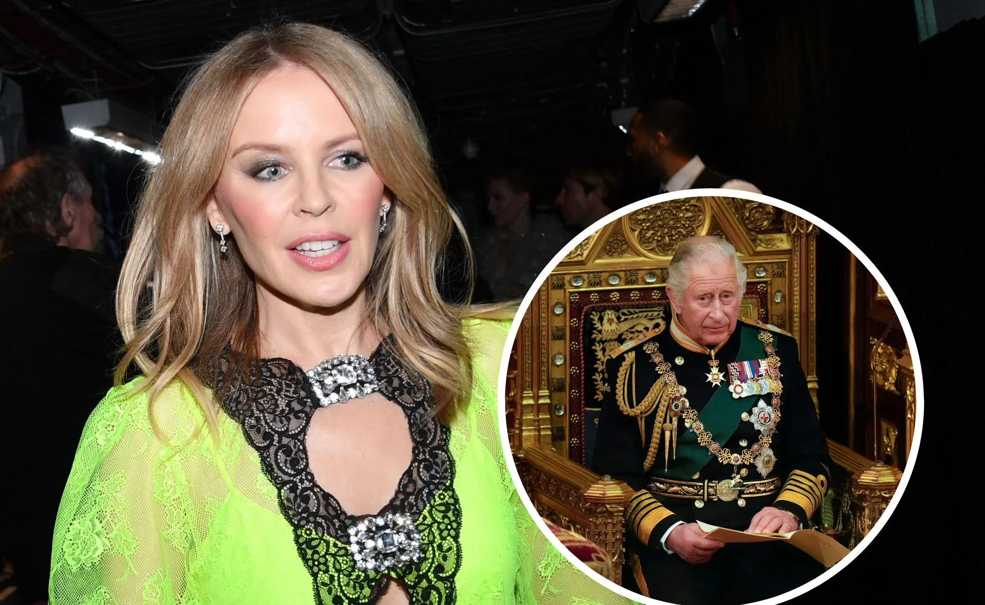 Kylie Minogue in a lime green outfit backstage, with inset of King Charles III in regalia on a throne.