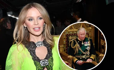 Kylie Minogue in a lime green outfit backstage, with inset of King Charles III in regalia on a throne.