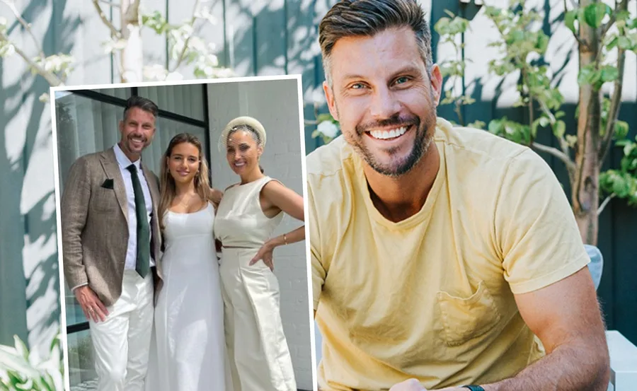 A man in a yellow shirt smiling outdoors; inset shows three people dressed formally for an event.