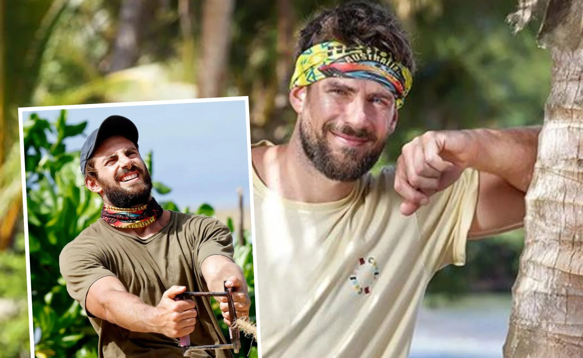 Man in a Survivor Australia buff poses near a tree; an inset shows him competing in a challenge, smiling.