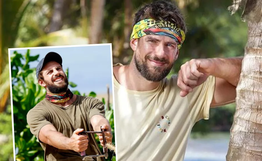 Man in a Survivor Australia buff poses near a tree; an inset shows him competing in a challenge, smiling.