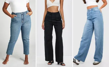 Three women modeling jeans: straight-cut, black flared, and wide-leg light blue, with various tops.