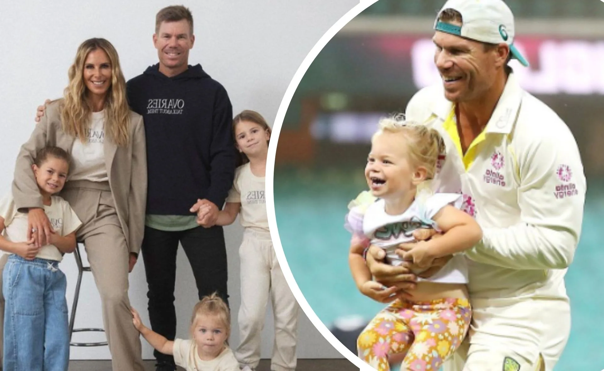 A family portrait with parents and three kids, plus a man in sports attire holding a smiling child.