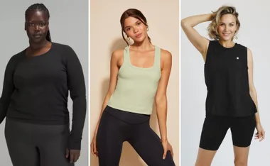 Women in various activewear tops: long-sleeve black, mint green tank, and black sleeveless top.