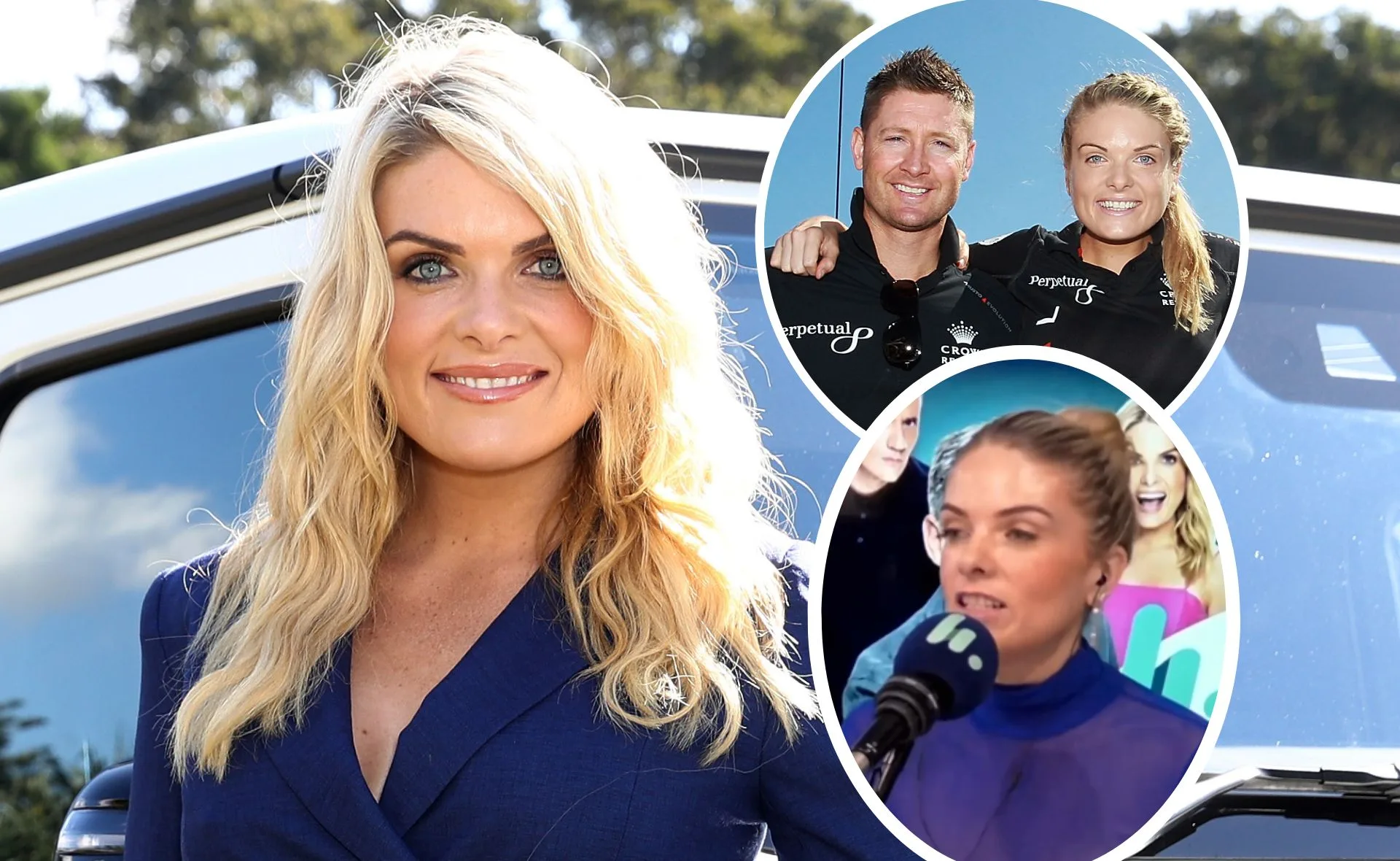 Blonde woman in blue suit smiling outdoors; two inset images show her with a man and speaking into a microphone.