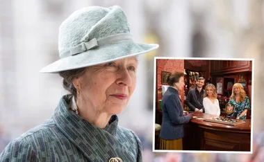 An elegant woman in a hat; inset shows her visiting a pub set with three smiling people behind the bar.
