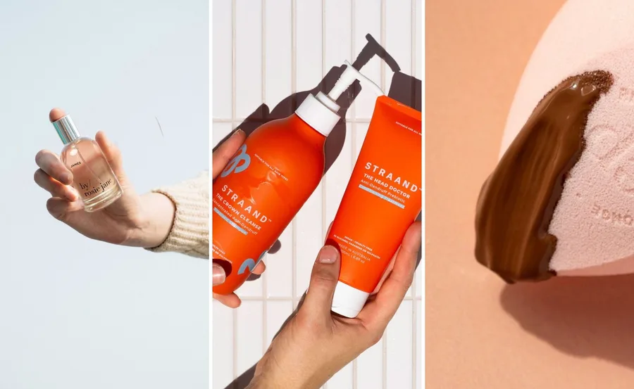 "Collage of hand holding a perfume bottle, orange hair care products, and a makeup sponge with brown liquid."