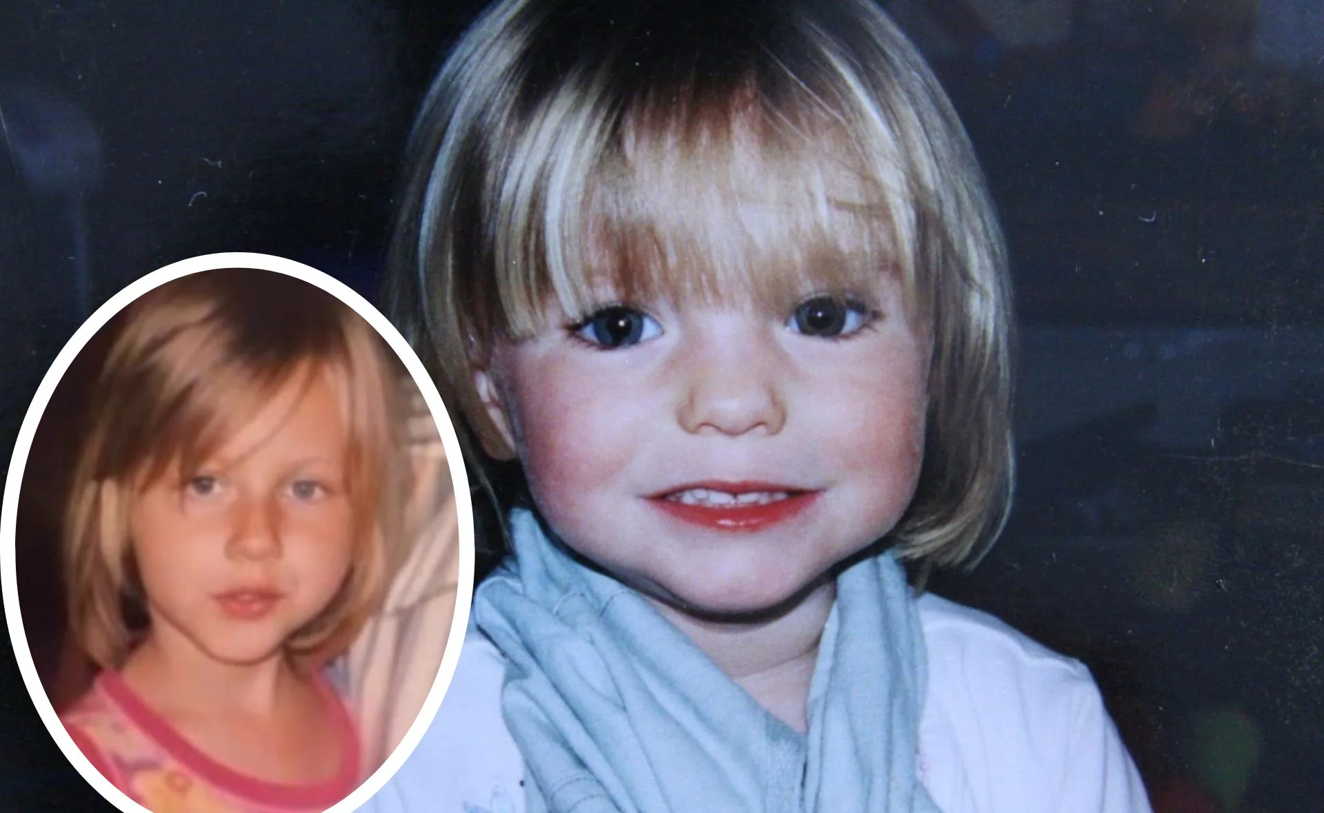 A young girl with blonde hair and blue eyes, smiling; an inset shows another similar girl with a neutral expression.