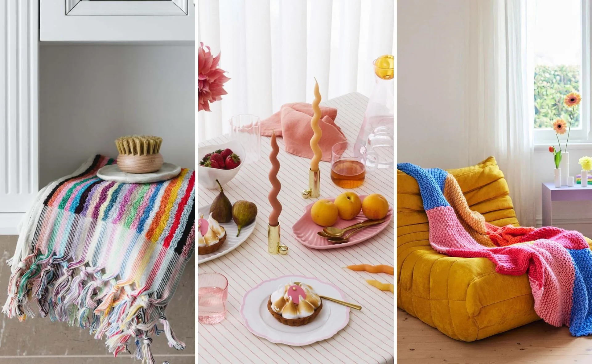 Colorful home decor items: a striped towel with a brush, a table with fruits and candles, and a yellow chair with a blanket.