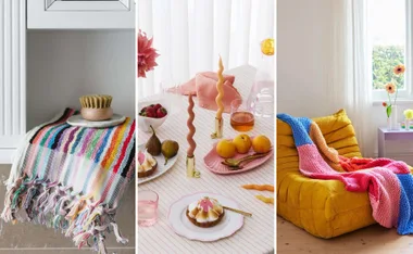 Colorful home decor items: a striped towel with a brush, a table with fruits and candles, and a yellow chair with a blanket.