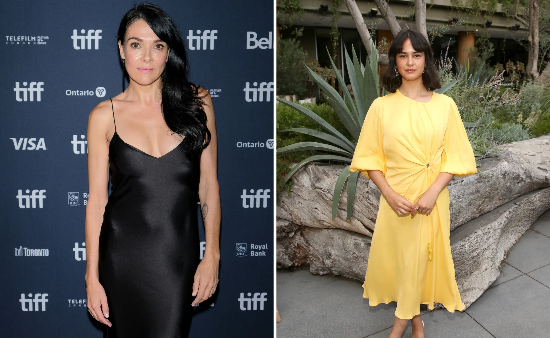 Two women in elegant dresses; one in black at a TIFF event, the other in yellow standing outdoors.