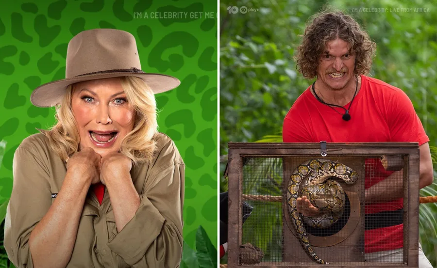 Woman in hat posing excitedly; man in red shirt looking intensely at a snake in a cage from "I'm a Celebrity: Live from Africa".