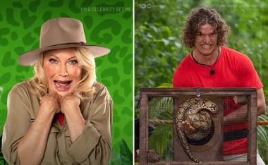 Woman in hat posing excitedly; man in red shirt looking intensely at a snake in a cage from "I'm a Celebrity: Live from Africa".