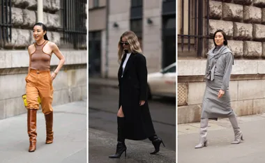 Three women wearing knee-high boots in different stylish street outfits walking in urban settings.