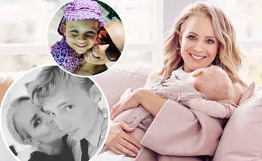 A woman smiling, holding a baby with two circular inset images of family moments featuring a child and a teenager.