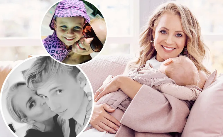 A woman smiling, holding a baby with two circular inset images of family moments featuring a child and a teenager.