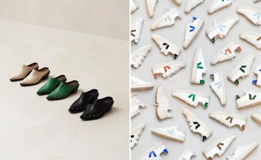 Stylish sustainable shoes arranged in a gradient of colors; mules on left, sneakers with colorful accents on right.