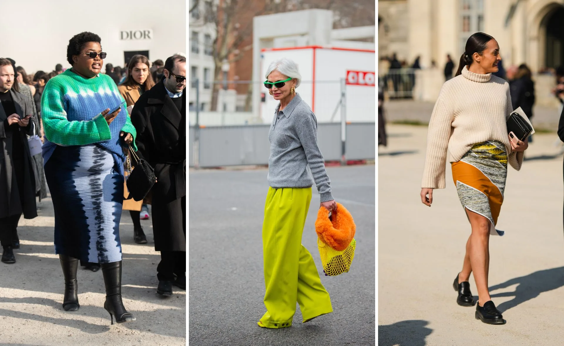 Women in stylish winter outfits, including colorful sweaters and skirts, walking outdoors at a fashion event.