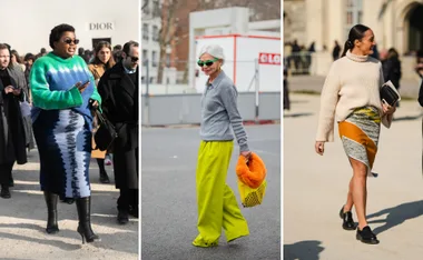 Women in stylish winter outfits, including colorful sweaters and skirts, walking outdoors at a fashion event.