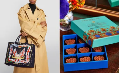 "King Charles coronation tote and chocolates; bag with flags and crown, chocolates in teal box with gold design."