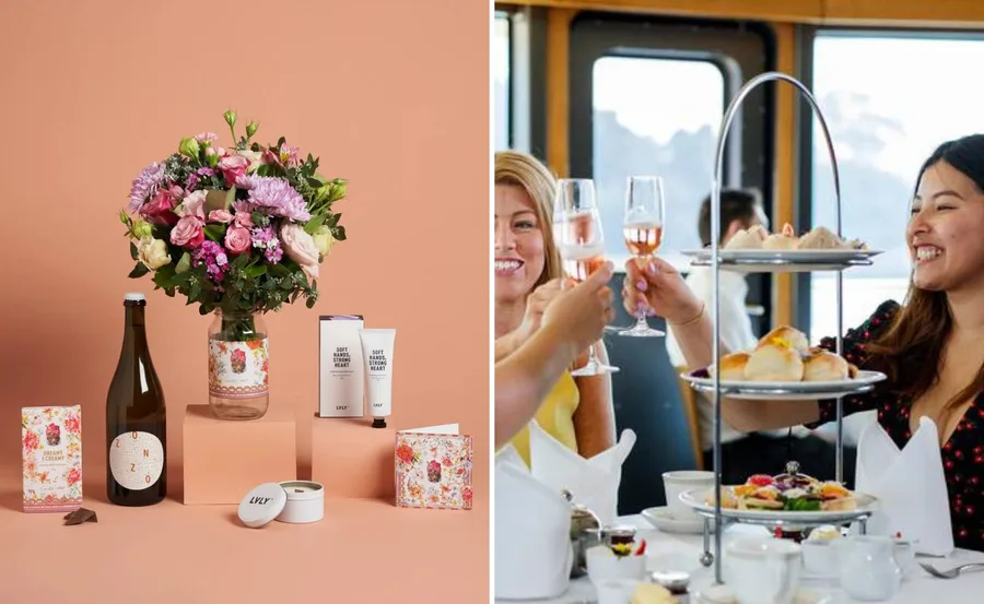 "Floral gift set with drinks and lotions; friends toasting with champagne and enjoying high tea."