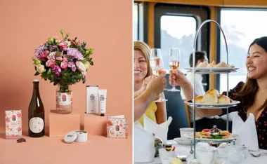 "Floral gift set with drinks and lotions; friends toasting with champagne and enjoying high tea."