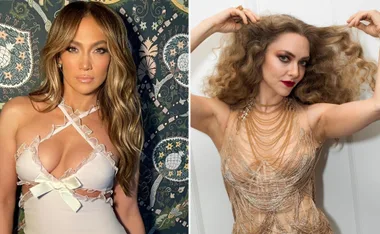 Two women with styled blonde hair; one with long waves, the other with voluminous curls, both in fashionable outfits.