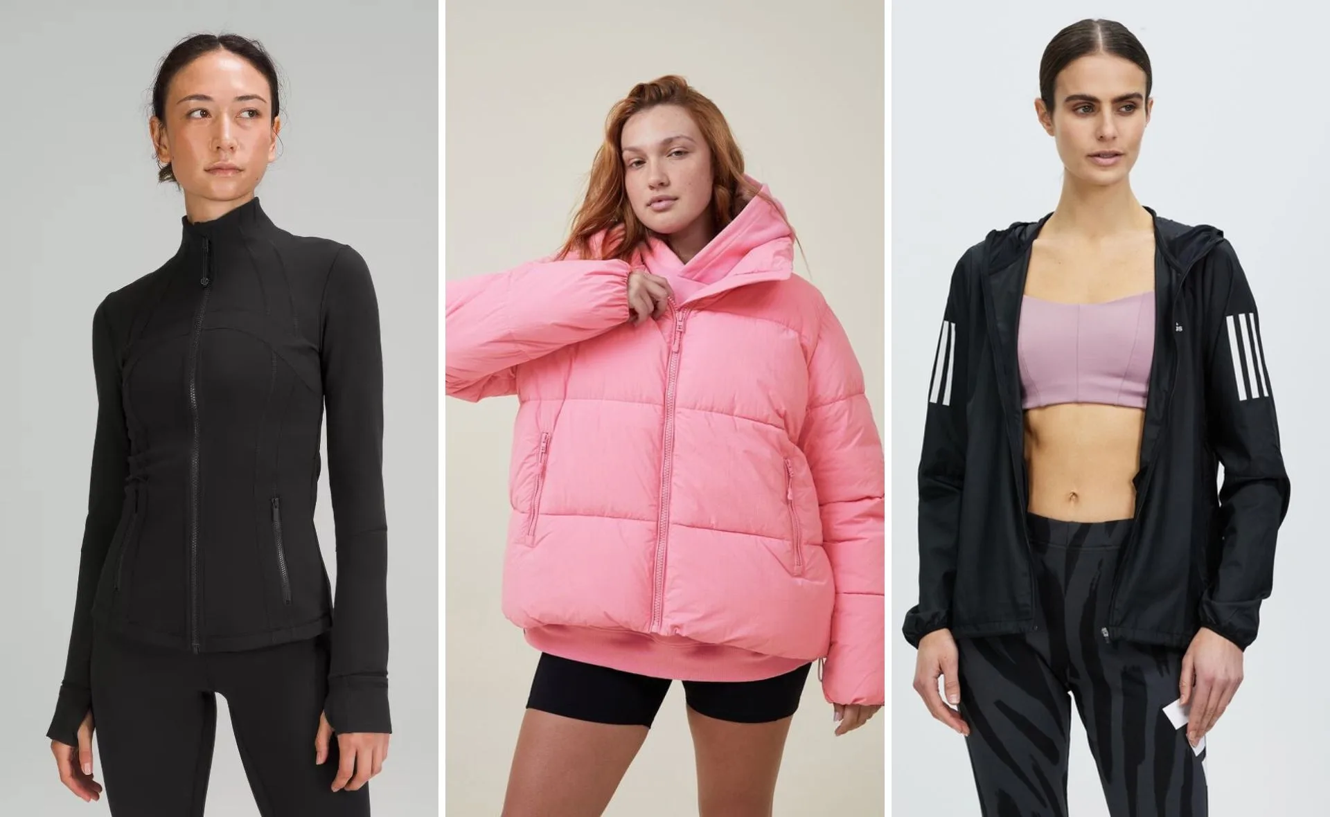 Three models wearing activewear jackets: black zip-up, pink puffer coat, and black jacket with stripes.