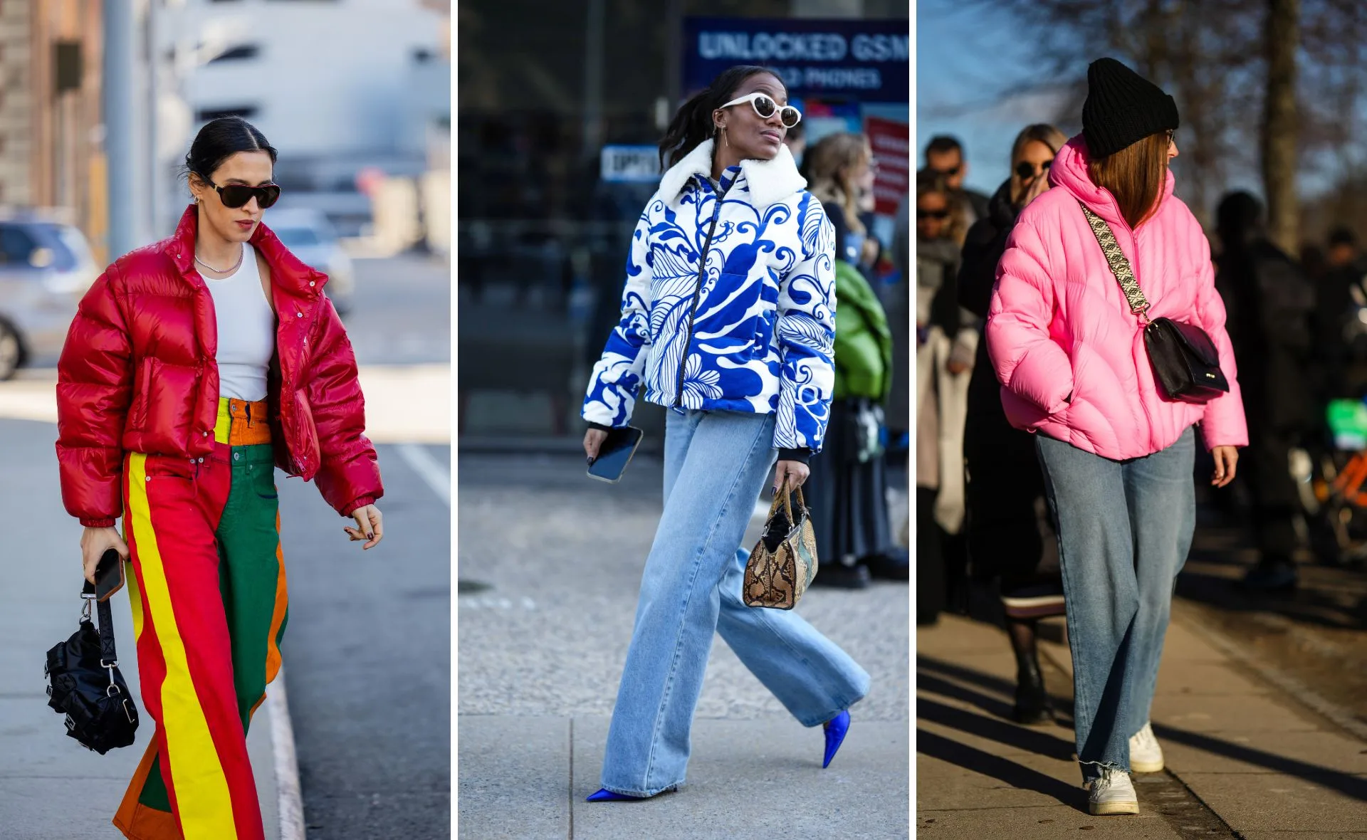 Three stylish individuals wearing colorful puffer jackets: red, blue patterned, and pink, each paired with jeans.