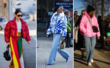 Three stylish individuals wearing colorful puffer jackets: red, blue patterned, and pink, each paired with jeans.