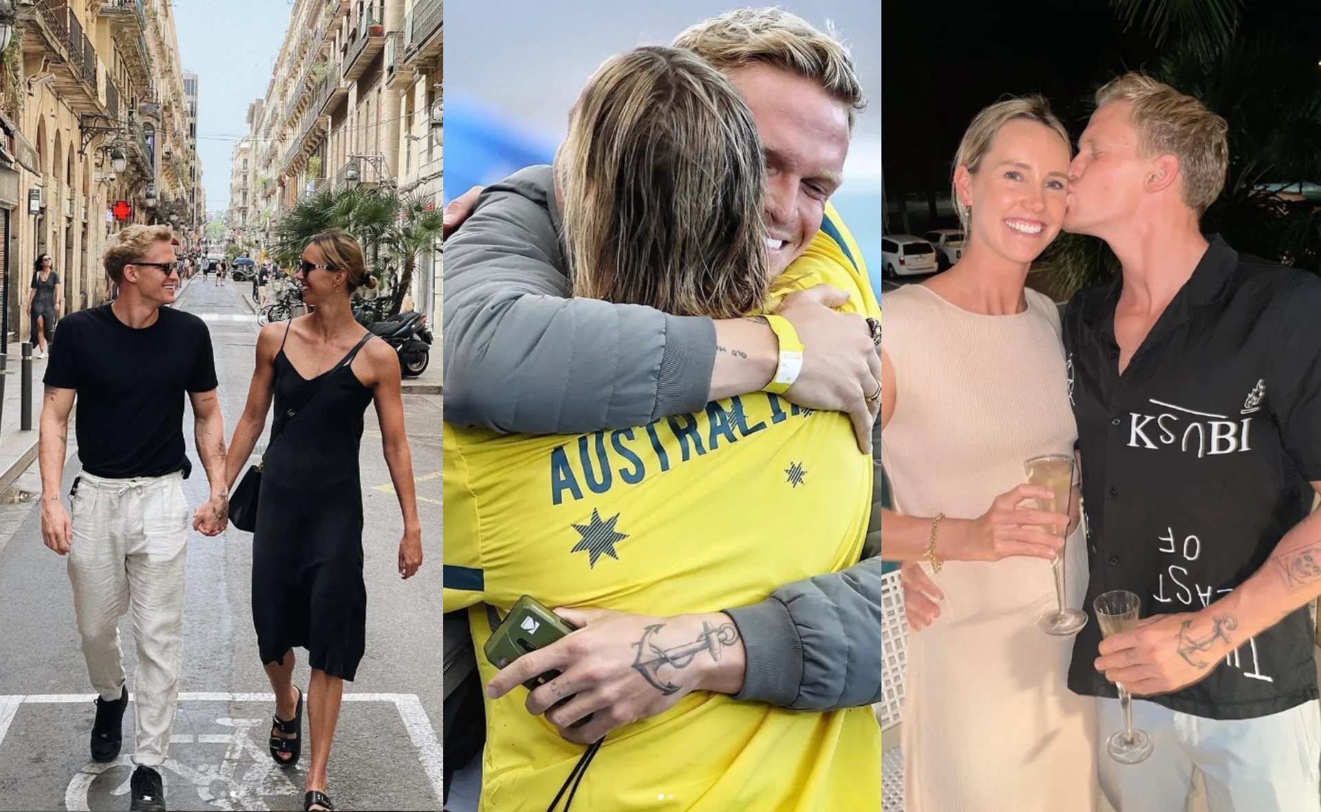 A couple holds hands walking, hugs in an Australia jersey, and shares a kiss while holding drinks.