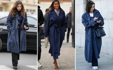 Women wearing stylish navy trench coats in different street settings.